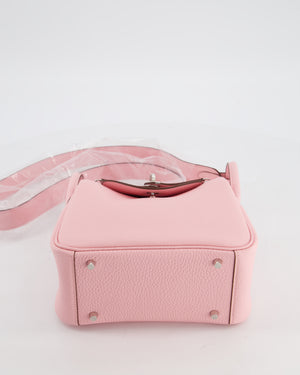 *SUPER HOT* Hermès Mini Lindy II Verso Bag in Rose Sakura Taurillon Clemence Leather with New White Interior and Palladium Hardware