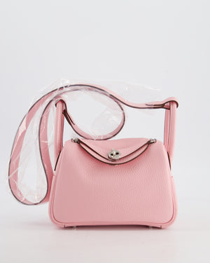*SUPER HOT* Hermès Mini Lindy II Verso Bag in Rose Sakura Taurillon Clemence Leather with New White Interior and Palladium Hardware