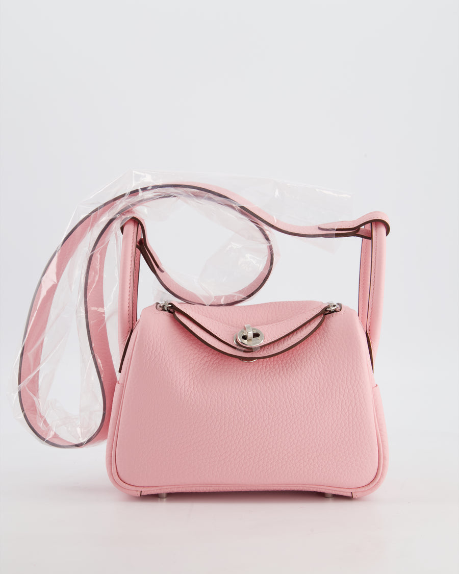 *SUPER HOT* Hermès Mini Lindy II Verso Bag in Rose Sakura Taurillon Clemence Leather with New White Interior and Palladium Hardware