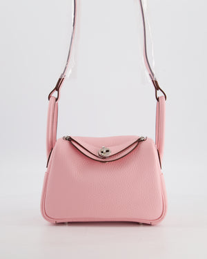 *SUPER HOT* Hermès Mini Lindy II Verso Bag in Rose Sakura Taurillon Clemence Leather with New White Interior and Palladium Hardware