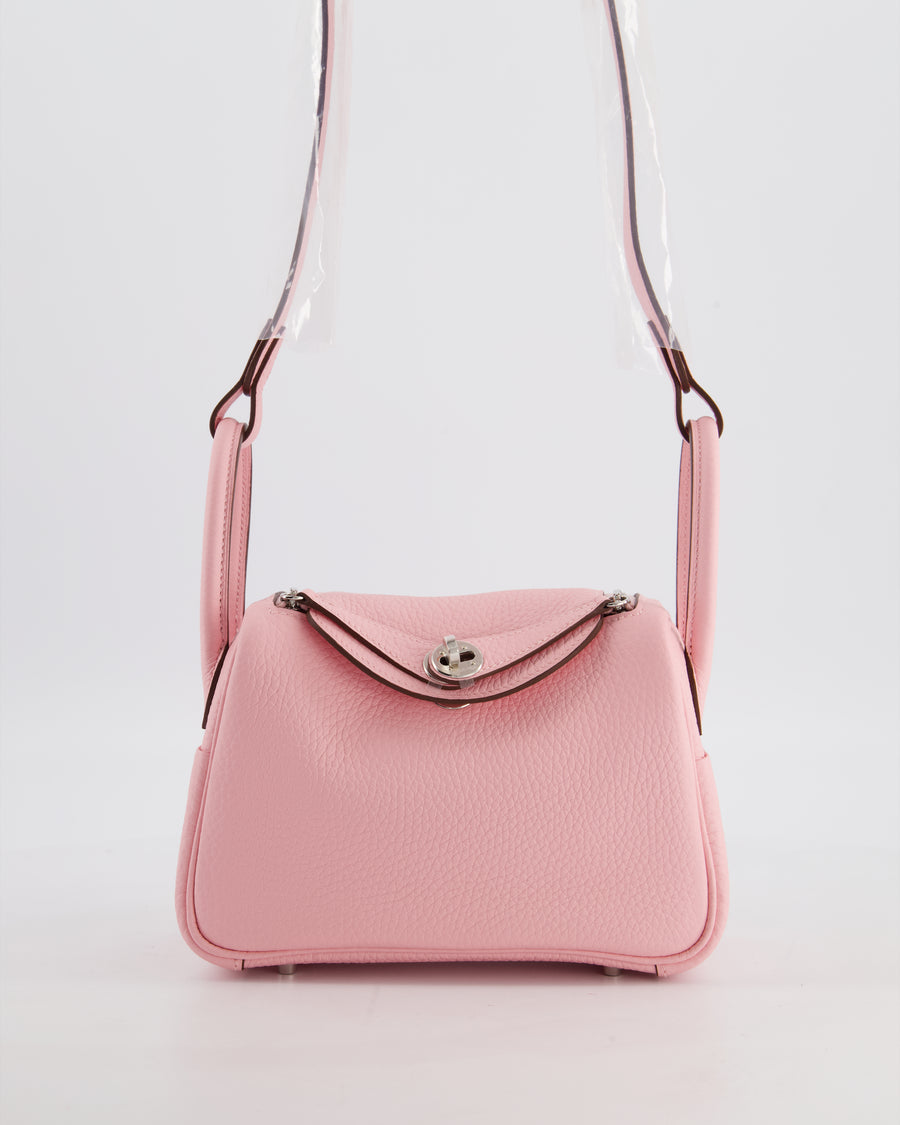 *SUPER HOT* Hermès Mini Lindy II Verso Bag in Rose Sakura Taurillon Clemence Leather with New White Interior and Palladium Hardware