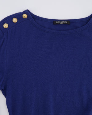 Balmain Blue Wool Long-Sleeved Top with Gold Lion Buttons Detail Size FR 36 (UK 8)