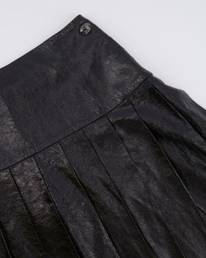 Chanel Fall 2013 Black Distressed Lambskin Leather Pleated Mini Skirt with Silver and Black Globe CC Logo Button Detail Size FR 34 (UK 6)