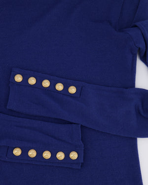 Balmain Blue Wool Long-Sleeved Top with Gold Lion Buttons Detail Size FR 36 (UK 8)