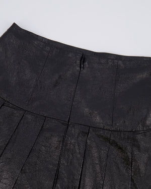 Chanel Fall 2013 Black Distressed Lambskin Leather Pleated Mini Skirt with Silver and Black Globe CC Logo Button Detail Size FR 34 (UK 6)