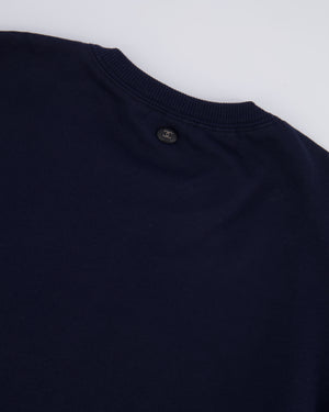 Chanel Fall 2013 Navy Cashmere Jumper with Cuffed Sleeves and Navy and Silver Globe CC Logo Button Detail Size FR 36 (UK 8)
