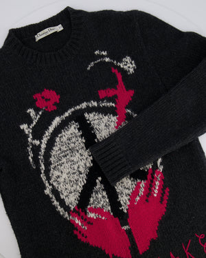 Christian Dior Grey Wool Knitted Youthquake Jumper with White and Red Peace and Rose Print Size FR 36 (UK 8)
