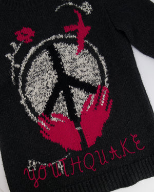 Christian Dior Grey Wool Knitted Youthquake Jumper with White and Red Peace and Rose Print Size FR 36 (UK 8)