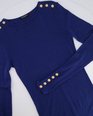 Balmain Blue Wool Long-Sleeved Top with Gold Lion Buttons Detail Size FR 36 (UK 8)