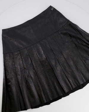 Chanel Fall 2013 Black Distressed Lambskin Leather Pleated Mini Skirt with Silver and Black Globe CC Logo Button Detail Size FR 34 (UK 6)