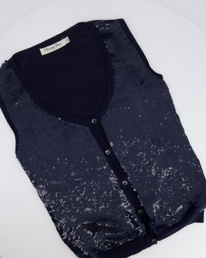 Christian Dior Navy Wool and Sequin Embellished Gilet with Black Logo Buttons Size FR 34 (UK 6)