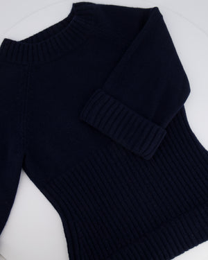 Chanel 17A Navy Crewneck Jumper with Black and Burgundy Velours Gabrielle Chanel Prints and Silver and Black CC Logo Button Detail Size FR 40 (UK 12)