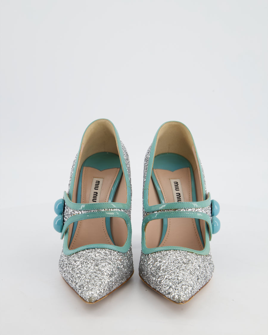 Miu Miu Silver Sparkly Mary Jane Heels with Aqua Blue Details EU 37.5