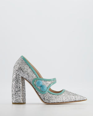 Miu Miu Silver Sparkly Mary Jane Heels with Aqua Blue Details EU 37.5