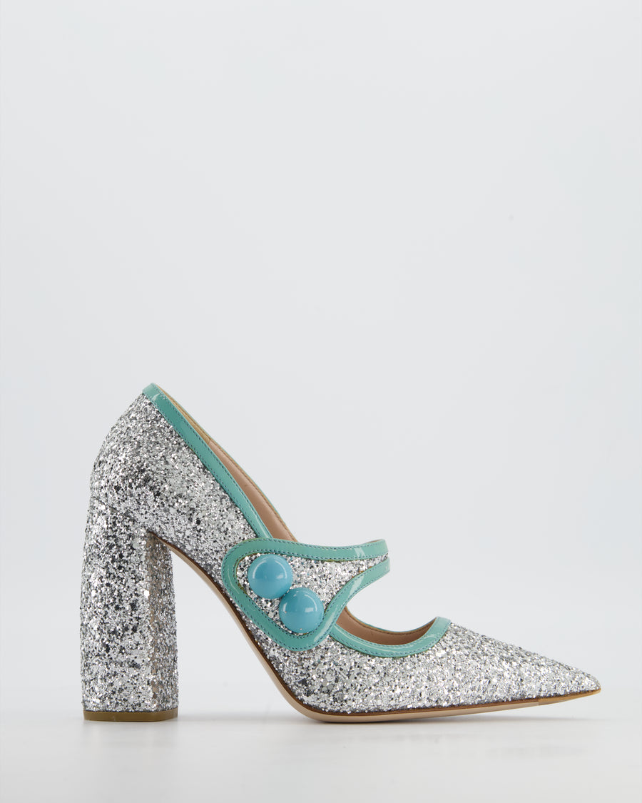 Miu Miu Silver Sparkly Mary Jane Heels with Aqua Blue Details EU 37.5