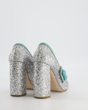 Miu Miu Silver Sparkly Mary Jane Heels with Aqua Blue Details EU 37.5