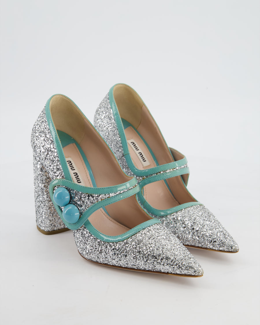 Miu Miu Silver Sparkly Mary Jane Heels with Aqua Blue Details EU 37.5