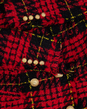 Balmain Red and Black Tweed Belted Double-Breasted Blazer Jacket with Gold Lion Buttons Size FR 36 (UK 8)