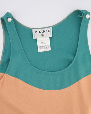 Chanel 14P Teal, Orange and Blue Sleeveless Top with White CC Logo Pearl Details Size FR 36 (UK 8)