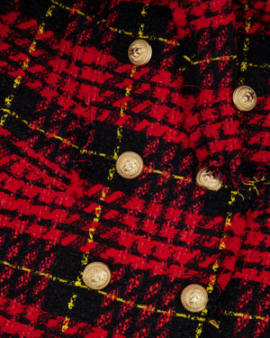 Balmain Red and Black Tweed Belted Double-Breasted Blazer Jacket with Gold Lion Buttons Size FR 36 (UK 8)