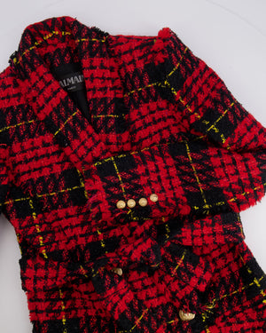 Balmain Red and Black Tweed Belted Double-Breasted Blazer Jacket with Gold Lion Buttons Size FR 36 (UK 8)