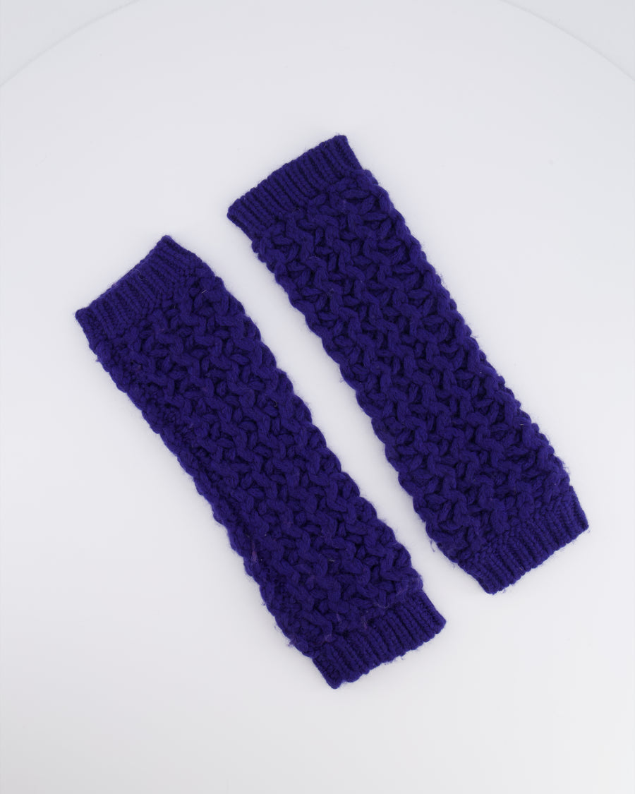 Chanel Blue Knitted Wool Handwarmers with Multi-Colour Crystal Embellished CC Logo Detail Size S