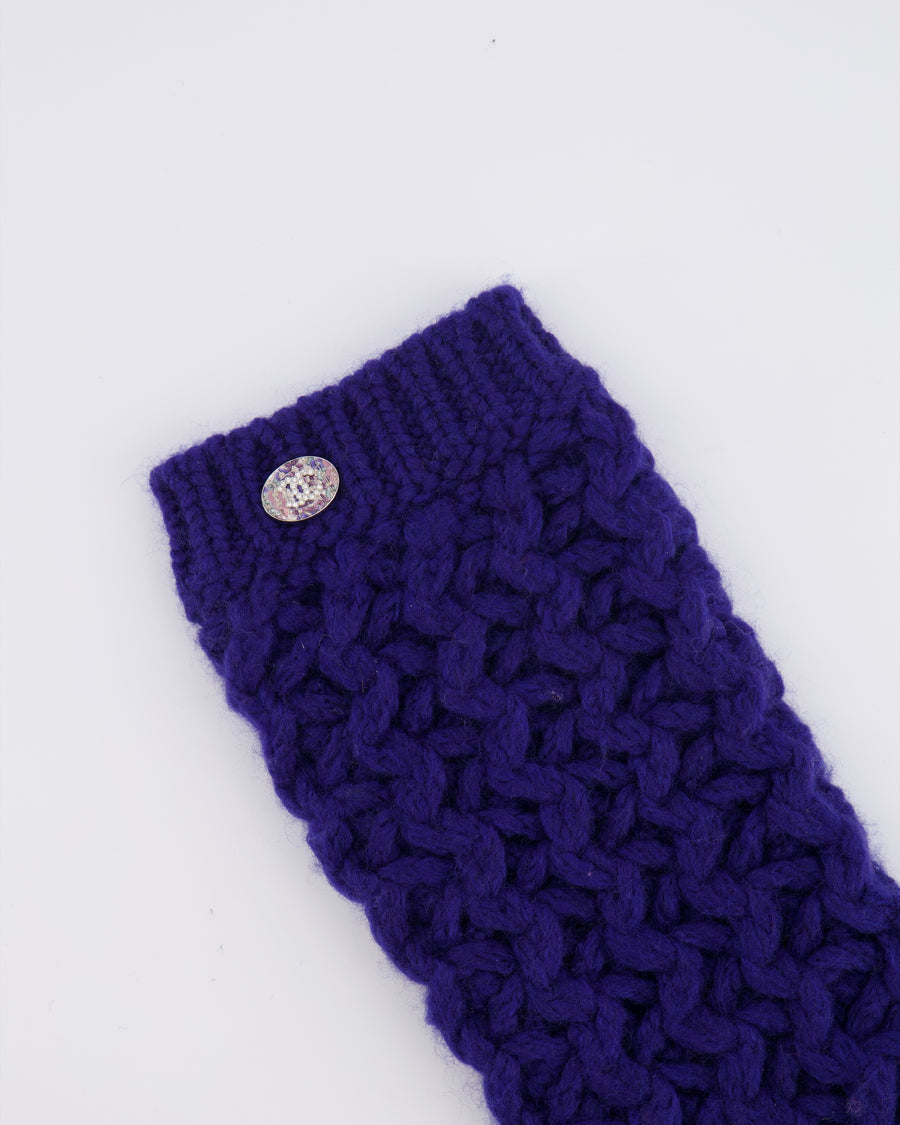 Chanel Blue Knitted Wool Handwarmers with Multi-Colour Crystal Embellished CC Logo Detail Size S