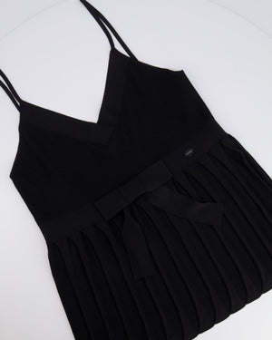 Chanel Black Silk Ribbed Sleeveless Top with Pleats and Front Bow Detail and Black and White Logo Button Size FR 38 (UK 10)
