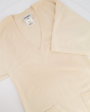 Chanel Cream Cashmere Short-Sleeved V-Neck Jumper with Front Pockets and Back Crystal CC Logo Detail Size FR 34 (UK 6)