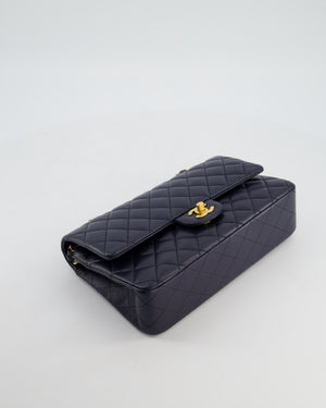 Chanel Medium Navy Classic Double Flap Bag in Lambskin Leather with Brushed Gold Hardware