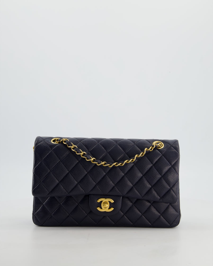 Chanel Medium Navy Classic Double Flap Bag in Lambskin Leather with Brushed Gold Hardware