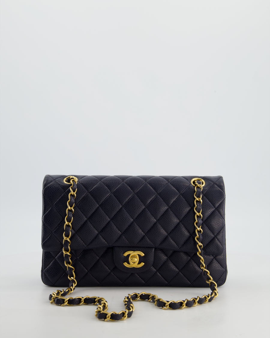 Chanel Medium Navy Classic Double Flap Bag in Lambskin Leather with Brushed Gold Hardware