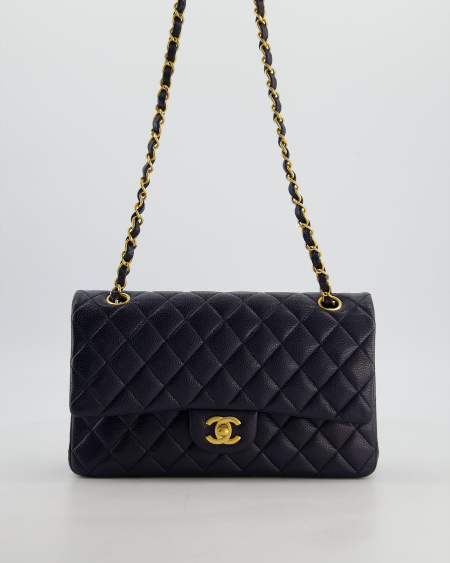 Chanel Medium Navy Classic Double Flap Bag in Lambskin Leather with Brushed Gold Hardware