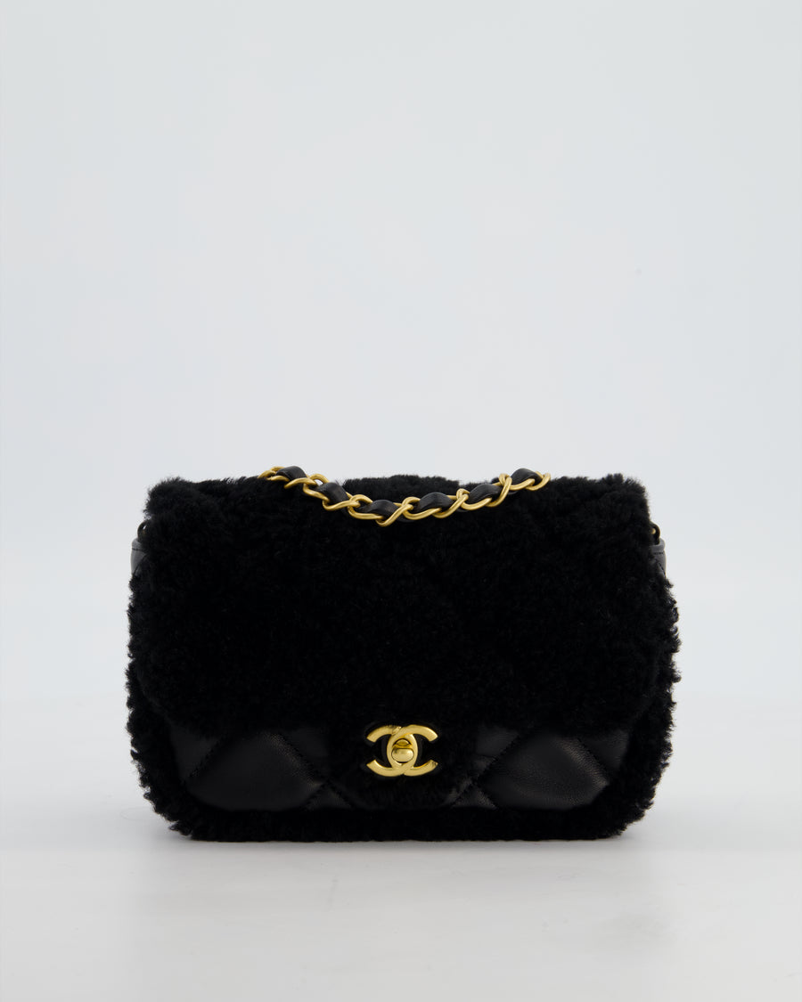 *SUPER RARE* Chanel Classic Mini Rectangular Shearling Flap Bag in Black Lambskin Leather with Gold Hardware