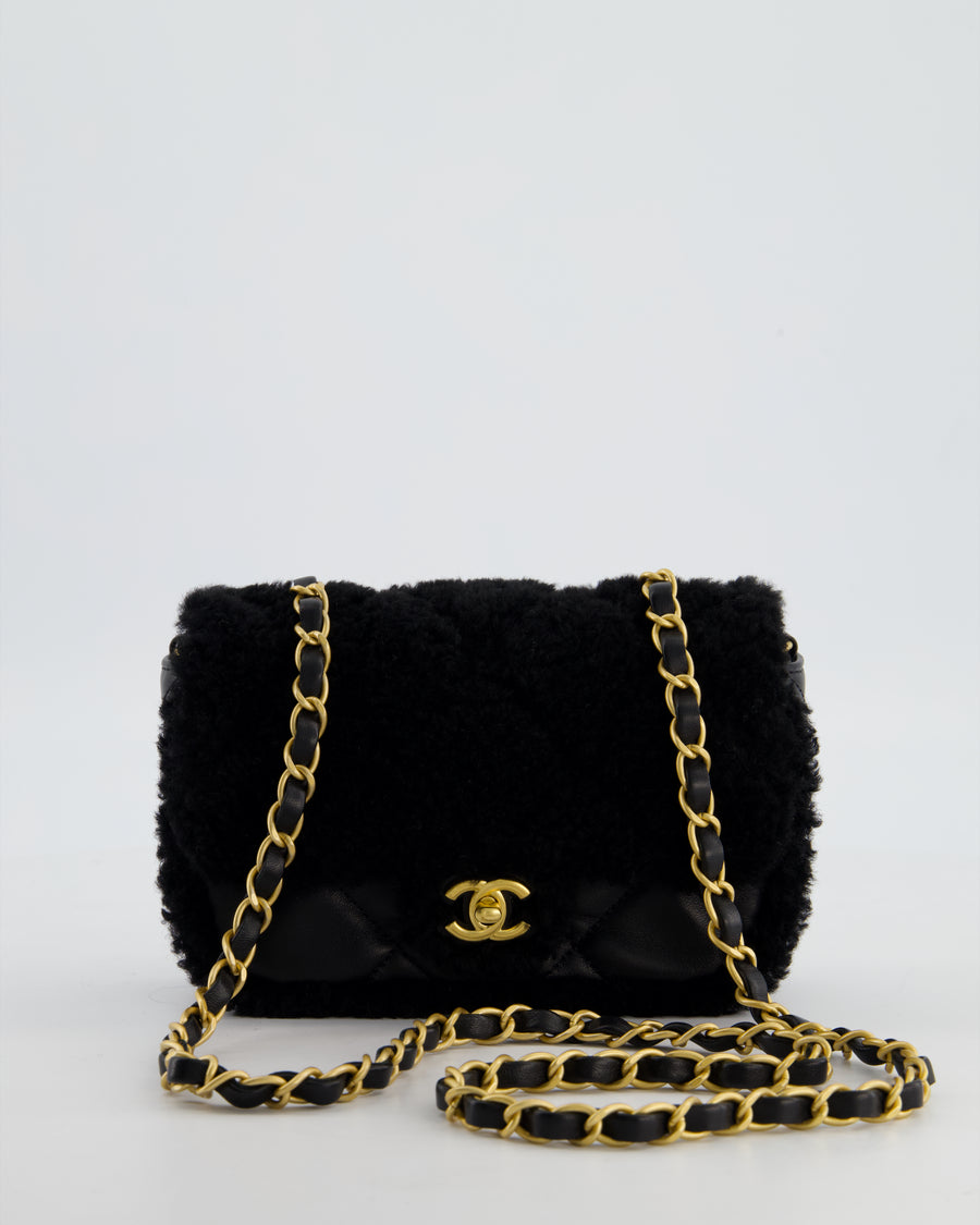 *SUPER RARE* Chanel Classic Mini Rectangular Shearling Flap Bag in Black Lambskin Leather with Gold Hardware