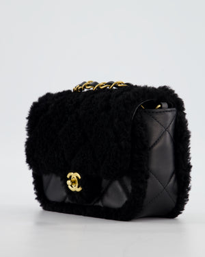 *SUPER RARE* Chanel Classic Mini Rectangular Shearling Flap Bag in Black Lambskin Leather with Gold Hardware