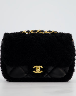 *SUPER RARE* Chanel Classic Mini Rectangular Shearling Flap Bag in Black Lambskin Leather with Gold Hardware