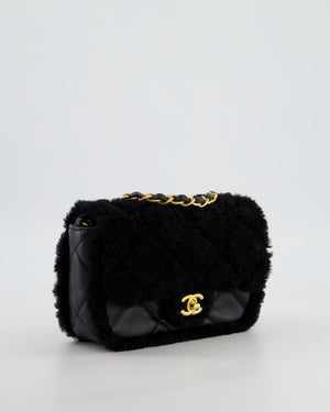 *SUPER RARE* Chanel Classic Mini Rectangular Shearling Flap Bag in Black Lambskin Leather with Gold Hardware