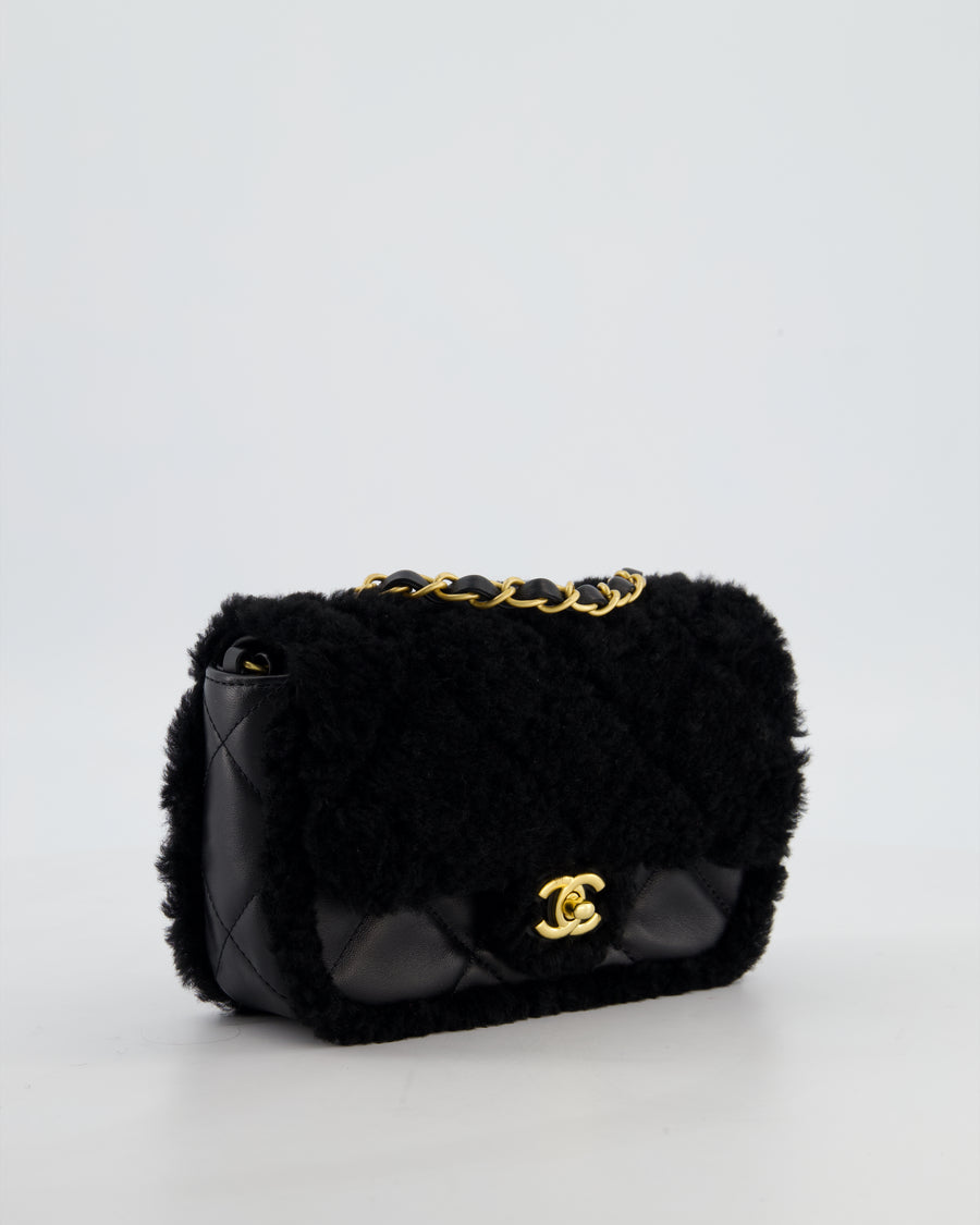 *SUPER RARE* Chanel Classic Mini Rectangular Shearling Flap Bag in Black Lambskin Leather with Gold Hardware