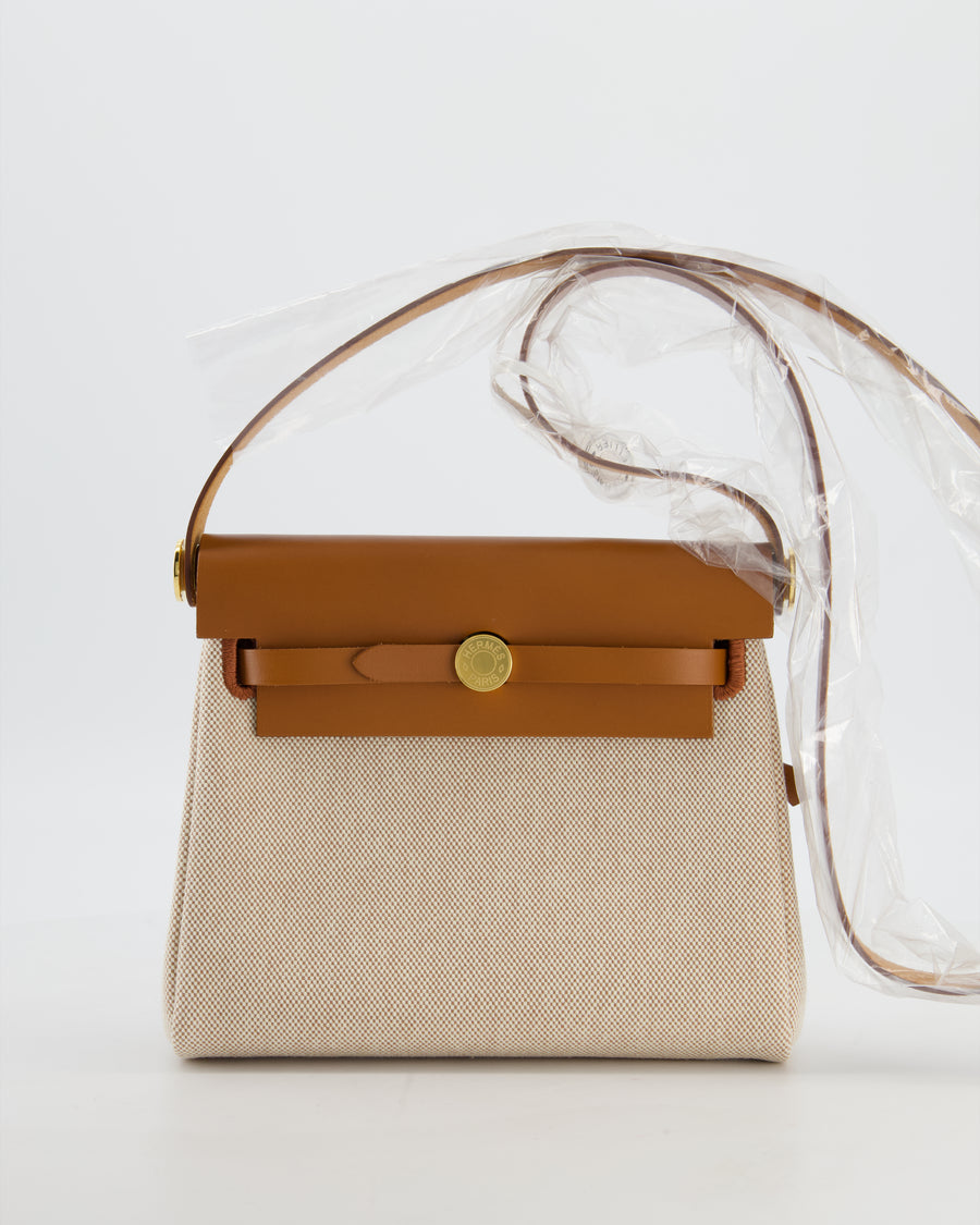 *HOT & RARE* Hermès Mini Herbag Zip 20 Bag in Fauve Vache Hunter Leather & Ecru/Beige Viking Canvas with Gold Hardware