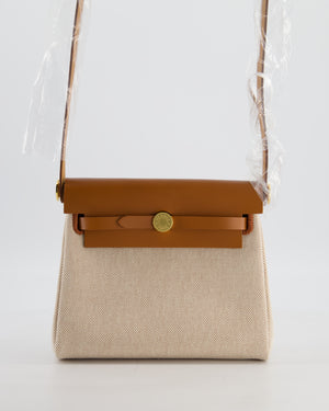 *HOT & RARE* Hermès Mini Herbag Zip 20 Bag in Fauve Vache Hunter Leather & Ecru/Beige Viking Canvas with Gold Hardware