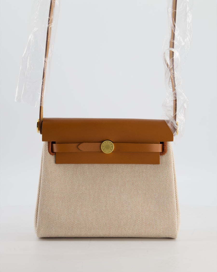 *HOT & RARE* Hermès Mini Herbag Zip 20 Bag in Fauve Vache Hunter Leather & Ecru/Beige Viking Canvas with Gold Hardware