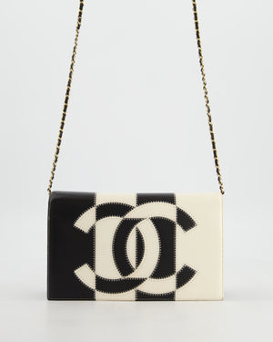 Chanel Black & White Lambskin CC Embroidered Clutch on Chain Bag with Gold Hardware