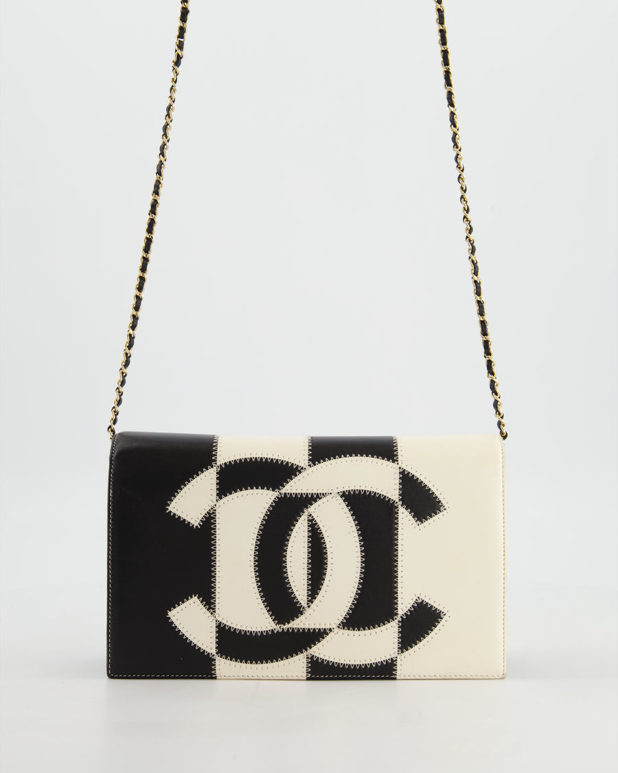 Chanel Black & White Lambskin CC Embroidered Clutch on Chain Bag with Gold Hardware