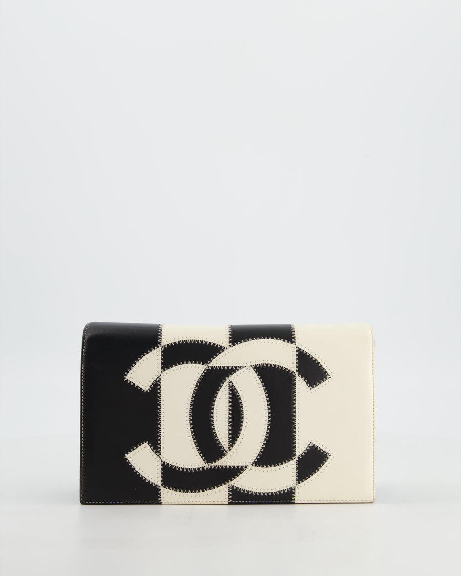 Chanel Black & White Lambskin CC Embroidered Clutch on Chain Bag with Gold Hardware