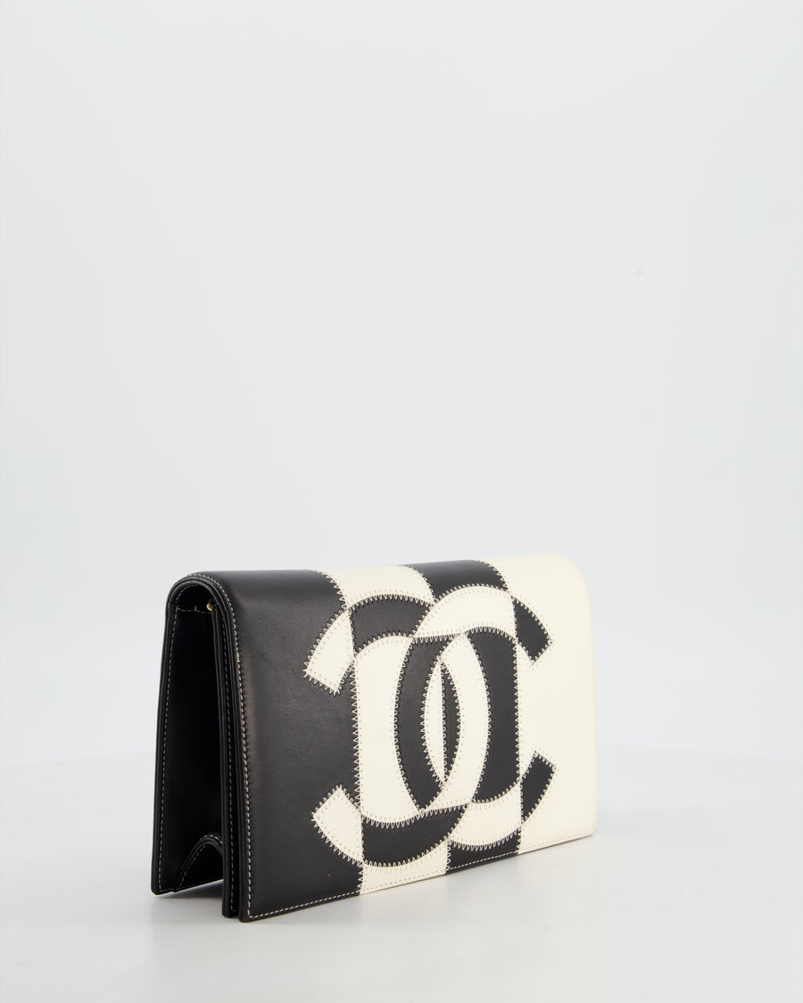 Chanel Black & White Lambskin CC Embroidered Clutch on Chain Bag with Gold Hardware