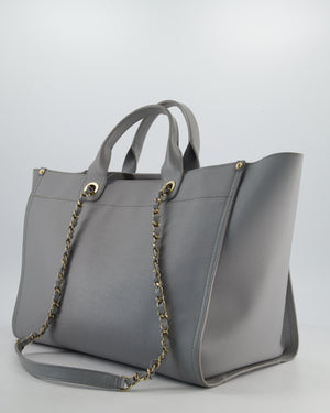 Chanel Grey Caviar Leather Medium Deauville Tote Bag with Champagne Gold Hardware