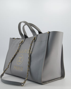 Chanel Grey Caviar Leather Medium Deauville Tote Bag with Champagne Gold Hardware