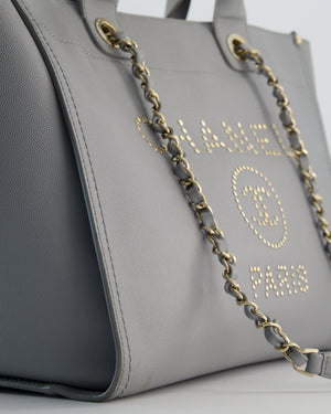 Chanel Grey Caviar Leather Medium Deauville Tote Bag with Champagne Gold Hardware
