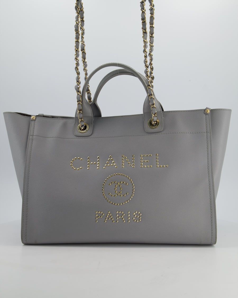 Chanel Grey Caviar Leather Medium Deauville Tote Bag with Champagne Gold Hardware